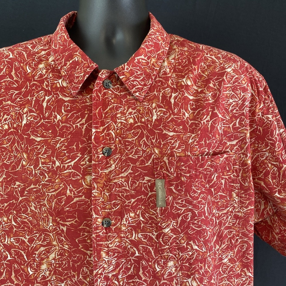 Columbia Shirt Mens XL Red Marlin Hawaiian AOP Short Sleeve Camp Outdoor